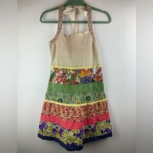 Lulumari Halter Dress Boho Tiered Mixed Print Summer Embroidered Colorful Size S